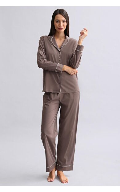 Mısırlı Kadın %100 Pamuk Pijama Takımı Kahverengi