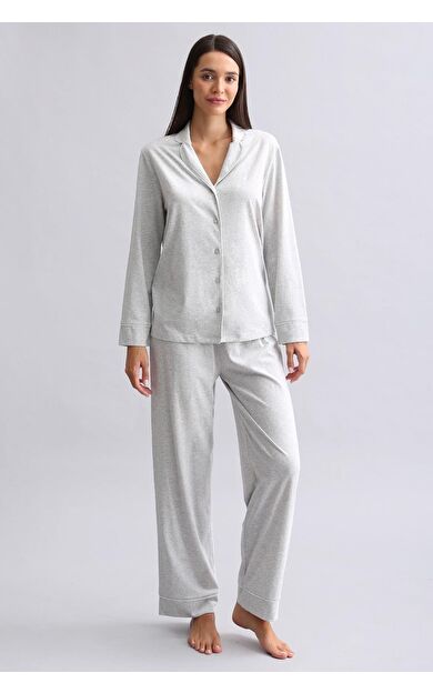 Mısırlı Kadın %100 Pamuk Pijama Takımı Gri Melanj