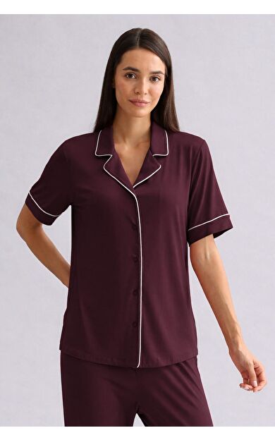 Mısırlı Kadın Bambu Kısa Kol Gömlek Bordo