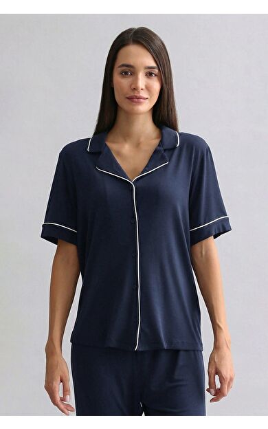 Mısırlı Kadın Bambu Kısa Kol Pijama Üst Lacivert