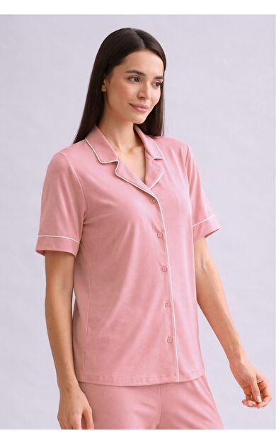 Mısırlı Kadın Bambu Kısa Kol Gömlek Toz Pembe
