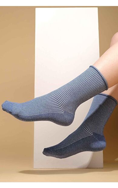Mısırlı Kadın Bambu Simli Soket Çorap Mavi