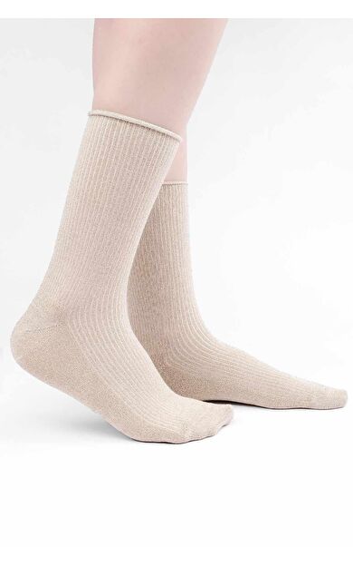 Mısırlı Kadın Bambu Simli Soket Çorap Bej