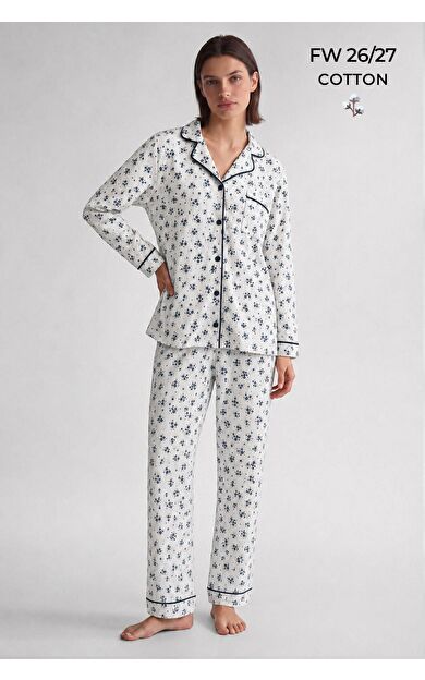 Mısırlı Kadın Düğmeli Çiçek Desenli Pijama Takım Lavender