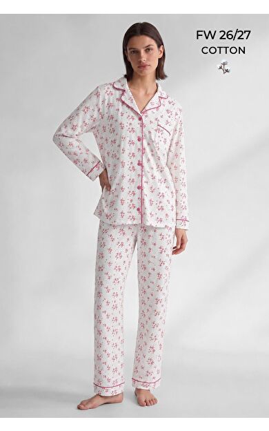 Mısırlı Kadın Düğmeli Çiçek Desenli Pijama Takım Açık Pembe