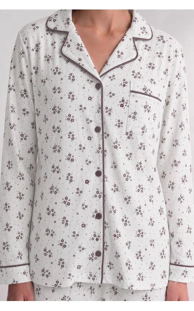 Mısırlı Kadın Düğmeli Çiçek Desenli Pijama Takım Vizon