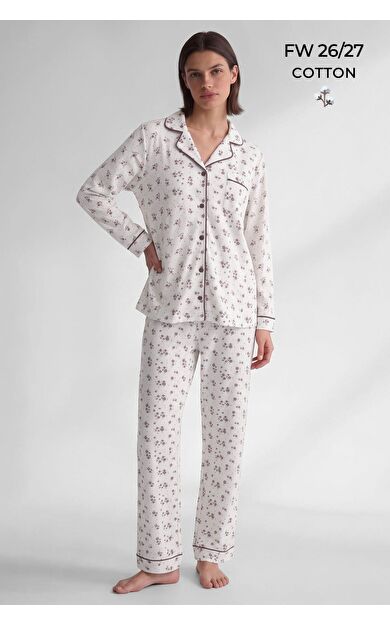 Mısırlı Kadın Düğmeli Çiçek Desenli Pijama Takım Vizon