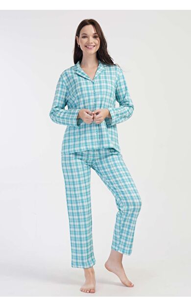 Mısırlı Kadın İki İplik Pamuklu Ekoseli Uzun Kollu Gömlek Pijama Takımı Mavi