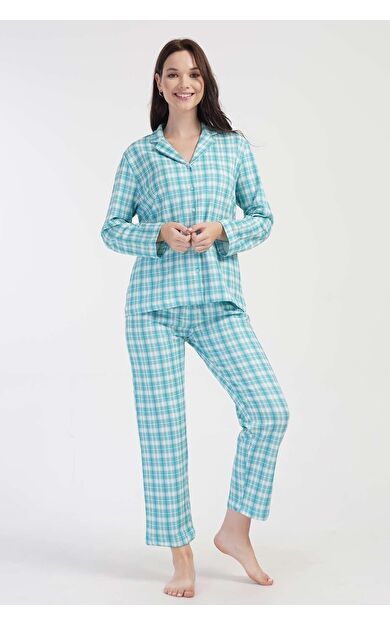 Mısırlı Kadın İki İplik Pamuklu Ekoseli Uzun Kollu Gömlek Pijama Takımı Mavi
