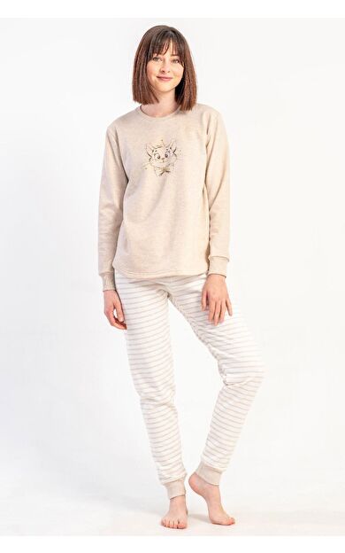 Mısırlı Kadın İki İplik Sıfır Yaka Uzun Kollu Pijama Takımı Bej