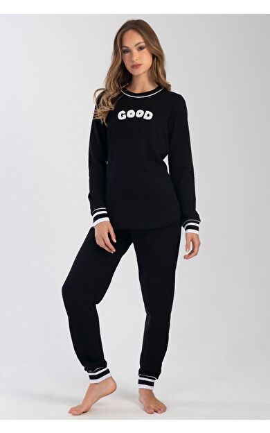 Mısırlı Kadın İki İplik Sıfır Yaka Uzun Kollu Pijama Takımı Siyah