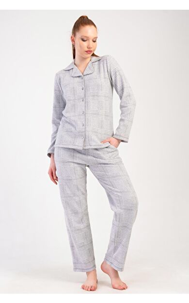 Mısırlı Kadın İnterlok Uzun Kollu Gömlek Pijama Takımı Açık Gri