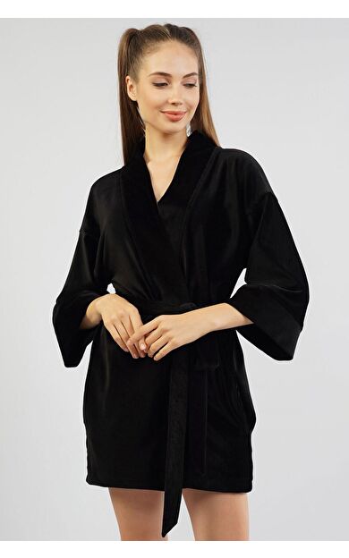 Mısırlı Kadın Kadife Sabahlık Siyah