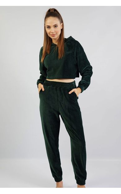 Mısırlı Kadın Kadife Uzun Kollu Pijama Takımı Haki