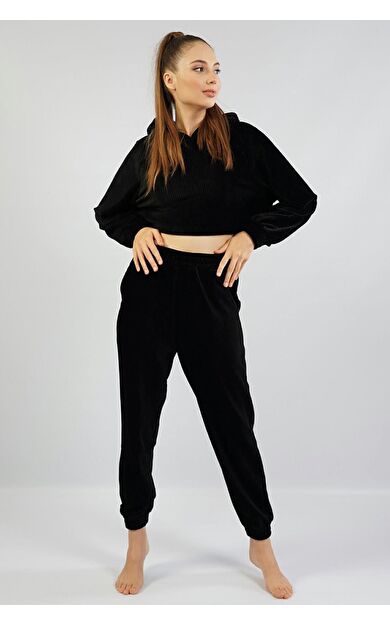 Mısırlı Kadın Kadife Uzun Kollu Pijama Takımı Siyah