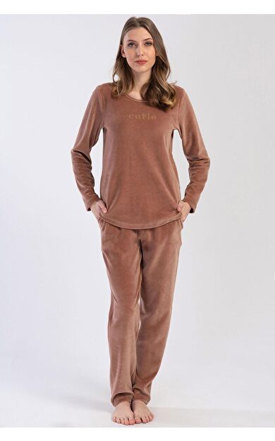 Mısırlı Kadın Kadife Uzun Kollu Pijama Takımı Kahverengi
