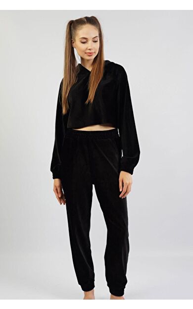 Mısırlı Kadın Kadife Uzun Kollu Pijama Takımı Siyah