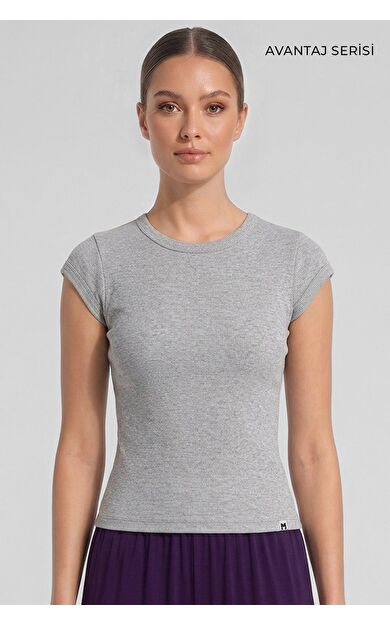 Mısırlı Kadın Kaşkorse Sıfır Kol T-Shirt Gri Melanj