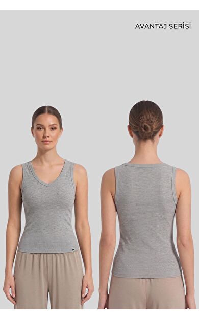 Mısırlı Kadın Kaşkorse V Yaka T-Shirt Gri Melanj