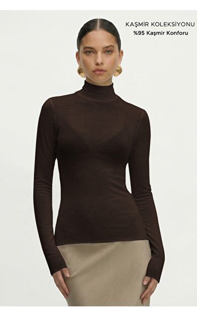 Mısırlı Kadın Kaşmir Ultra Yumuşak Dik Yaka Kazak Koyu Kahverengi