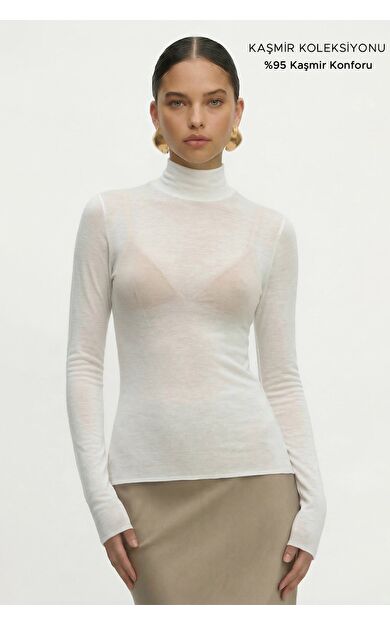 Mısırlı Kadın Kaşmir Ultra Yumuşak Dik Yaka Kazak Off White