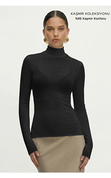 Mısırlı Kadın Kaşmir Ultra Yumuşak Dik Yaka Kazak Siyah