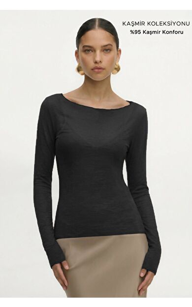 Mısırlı Kadın Kaşmir Ultra Yumuşak Kayık Kazak Siyah