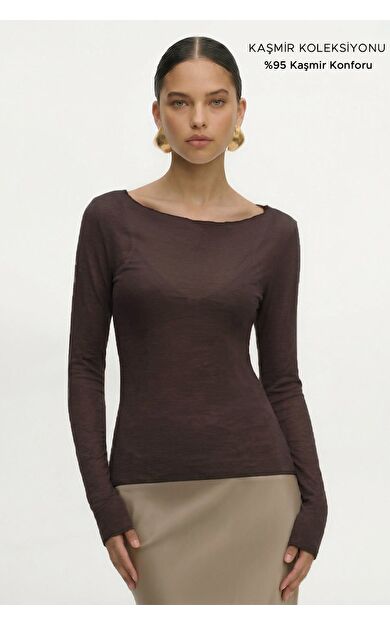 Mısırlı Kadın Kaşmir Ultra Yumuşak Kayık Kazak Koyu Kahverengi