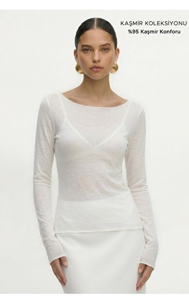 Mısırlı Kadın Kaşmir Ultra Yumuşak Kayık Kazak Off White