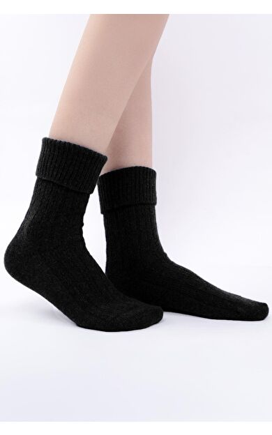 Mısırlı Kadın Koyun Yünü Tekli Kıvrık Soket Çorap Siyah