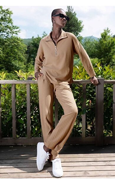 Mısırlı Kadın Likralı Viskon Fitilli Eşofman Takımı Bej