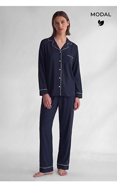 Mısırlı Kadın Modal Biye Detaylı Pijama Takım Lacivert