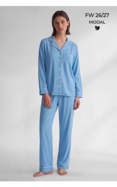 Mısırlı Kadın Modal Biye Detaylı Pijama Takım Mavi