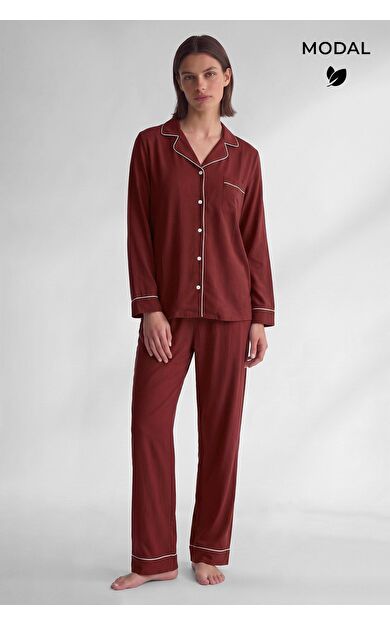 Mısırlı Kadın Modal Biye Detaylı Pijama Takım Bordo
