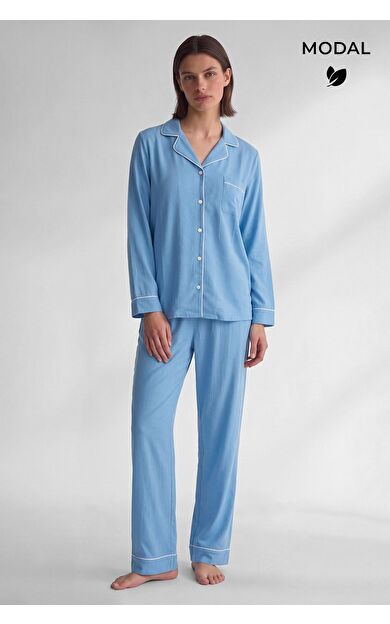 Mısırlı Kadın Modal Biye Detaylı Pijama Takım Mavi