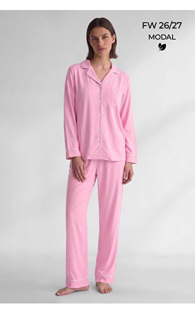 Mısırlı Kadın Modal Biye Detaylı Pijama Takım Açık Pembe