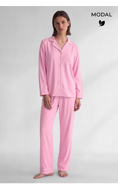 Mısırlı Kadın Modal Biye Detaylı Pijama Takım Pembe