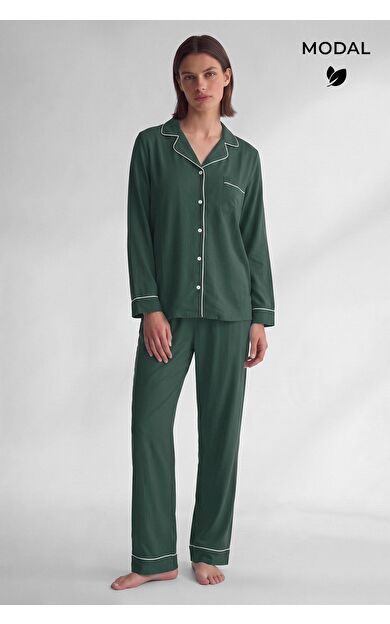 Mısırlı Kadın Modal Biye Detaylı Pijama Takım Yeşil