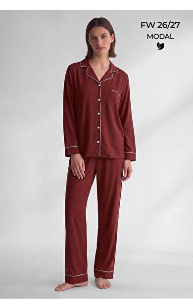Mısırlı Kadın Modal Biye Detaylı Pijama Takım Bordo