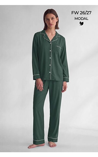 Mısırlı Kadın Modal Biye Detaylı Pijama Takım Yeşil