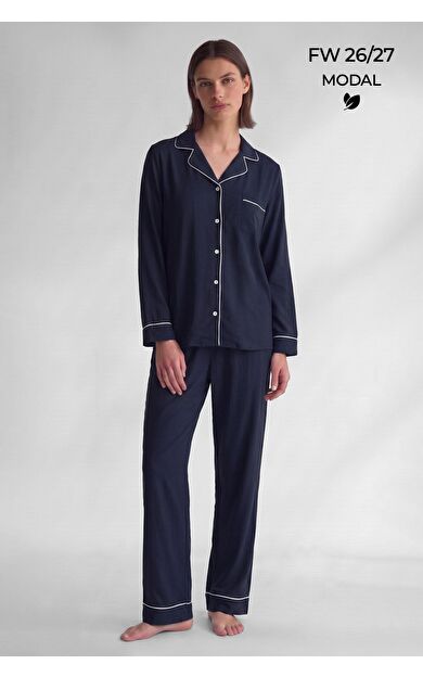 Mısırlı Kadın Modal Biye Detaylı Pijama Takım Lacivert