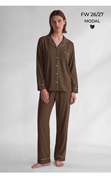 Mısırlı Kadın Modal Biye Detaylı Pijama Takım Kahverengi