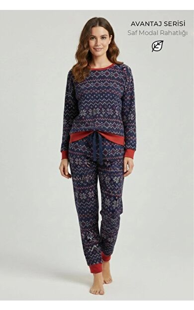 Kış Temalı Kadın Pijama Takımı Lacivert