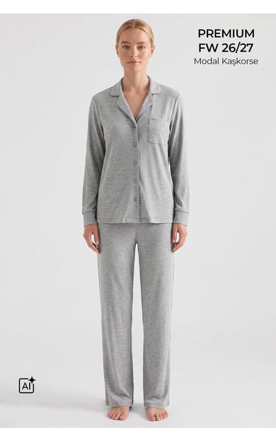 Mısırlı Kadın Modal Kaşkorse Gömlek Pijama Takım Gri Melanj