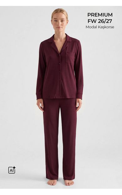 Mısırlı Kadın Modal Kaşkorse Gömlek Pijama Takım Vişne Çürüğü