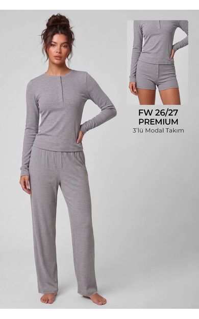 Mısırlı Kadın Modal Kaşkorse Üçlü Pijama Takım Gri Melanj