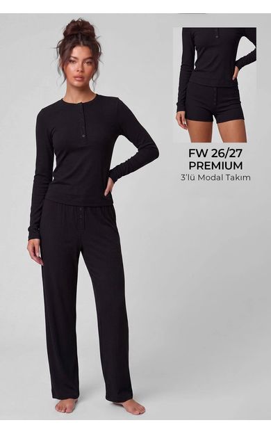 Mısırlı Kadın Modal Kaşkorse Üçlü Pijama Takım Siyah