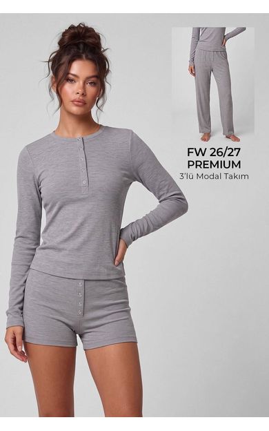 Mısırlı Kadın Modal Kaşkorse Üçlü Pijama Takım Gri Melanj