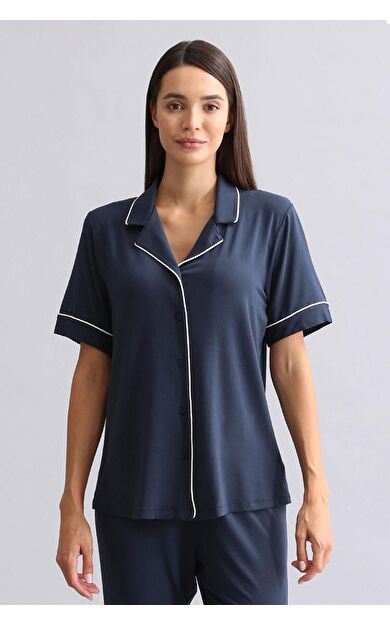 Mısırlı Kadın Modal Kısa Kollu Gömlek Gece Mavisi