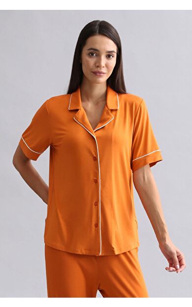 Mısırlı Kadın Modal Kısa Kollu Gömlek Pas Kırmızı